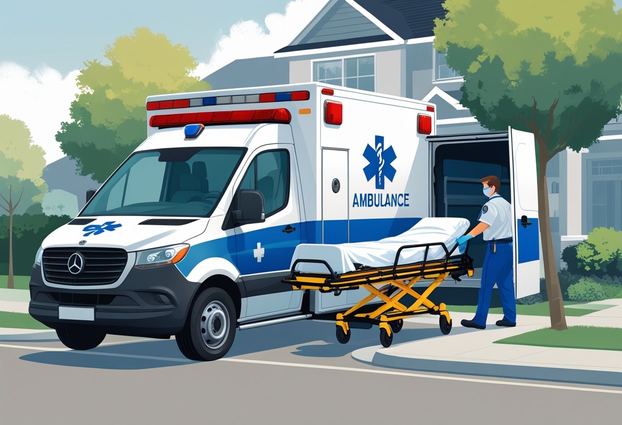 Ambulância para remoção particular?: Como Escolher o Serviço Ideal Para Transporte Médico Seguro 4 Ambulância particular estacionada em frente a uma casa com dois paramédicos carregando uma maca.