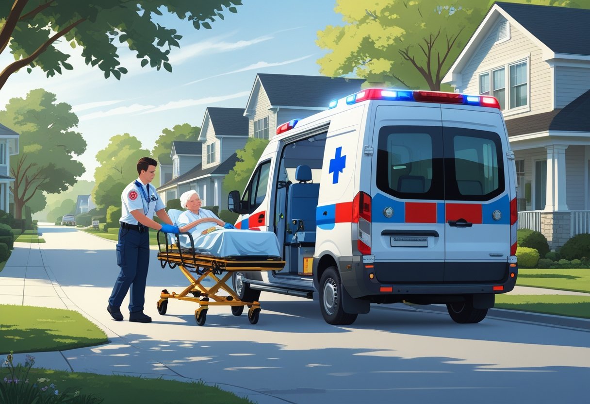 Ambulância para remoção particular?: Como Escolher o Serviço Ideal Para Transporte Médico Seguro 5 Paramédico auxiliando paciente idoso em uma maca para entrar em uma ambulância particular estacionada em frente a uma casa.