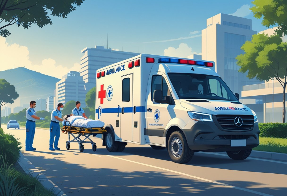 Ambulância particular estacionada em uma rua de Belo Horizonte, com paramédicos atendendo um paciente em uma maca, ao fundo a paisagem urbana e a Serra do Curral.