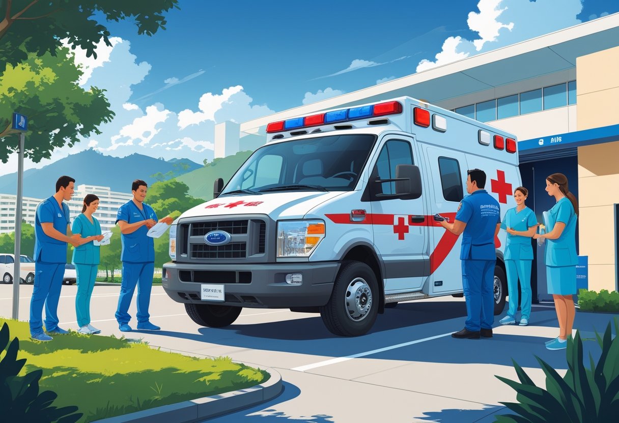 Ambulância estacionada em frente a um hospital em Belo Horizonte, com profissionais de saúde preparando o veículo e interagindo com um paciente e um coordenador.