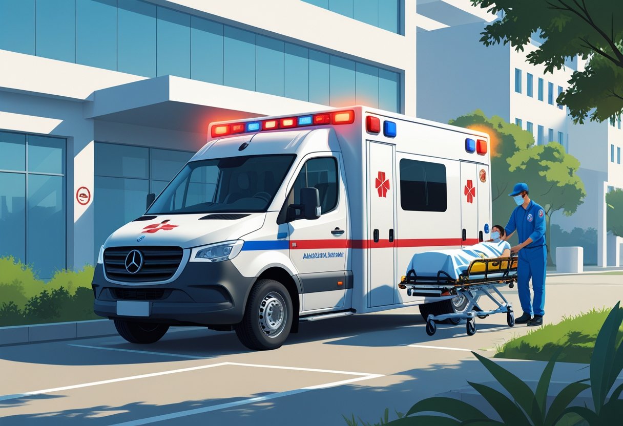 Uma ambulância particular estacionada em frente a um hospital em Belo Horizonte, com um paramédico ajudando um paciente em uma maca.