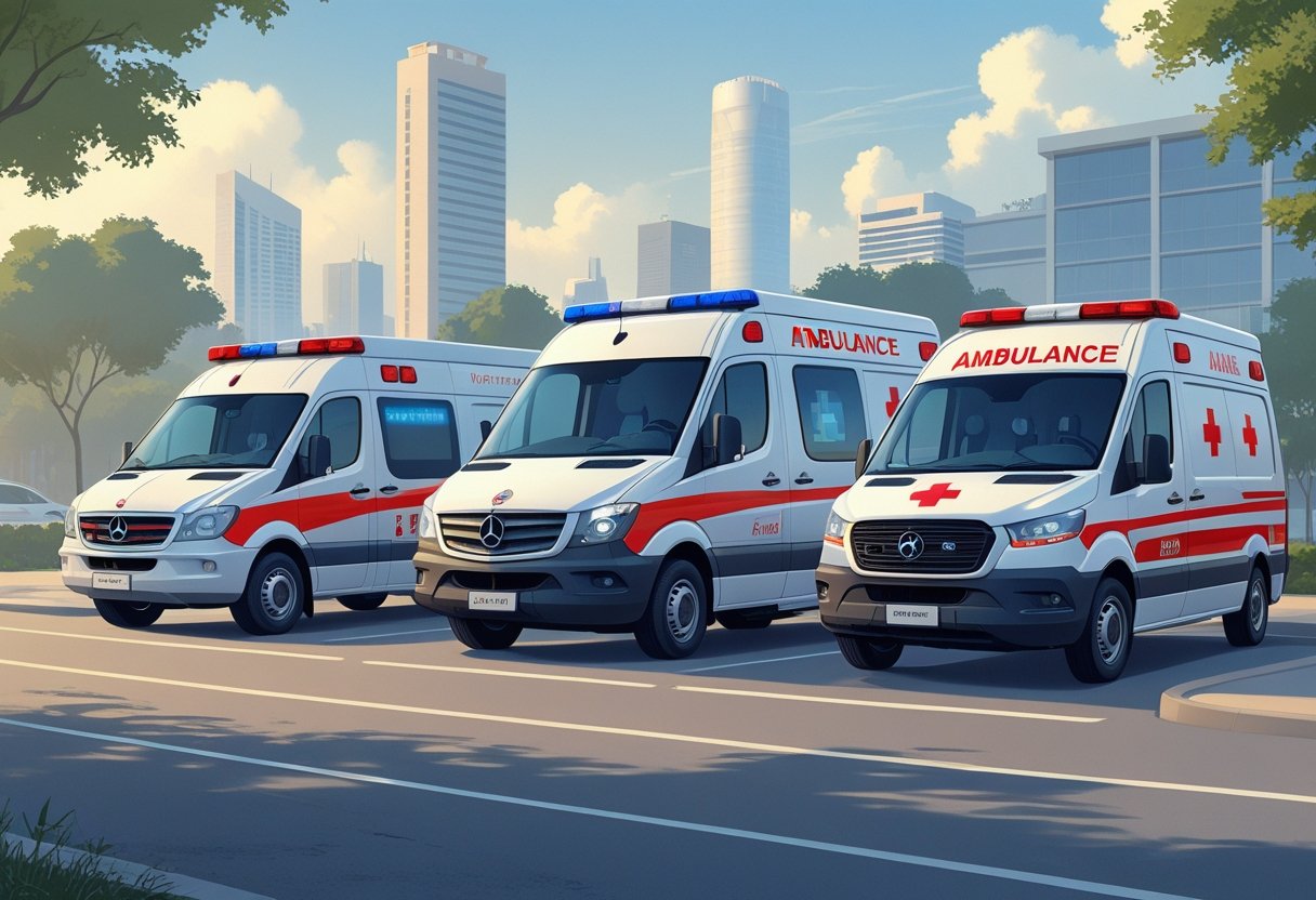 Três tipos diferentes de ambulâncias particulares estacionadas em uma rua urbana de Belo Horizonte, com profissionais de saúde e equipamentos médicos visíveis.