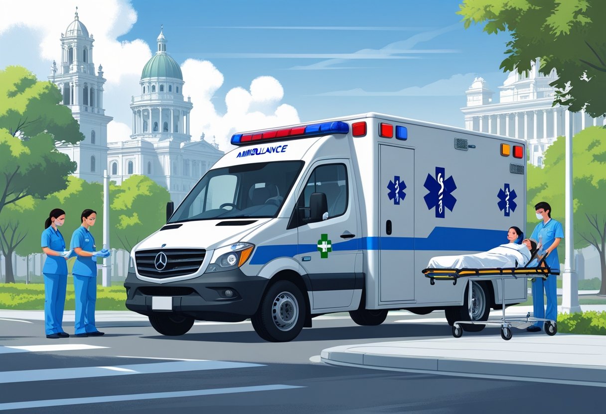 Uma ambulância particular do Distrito Federal estacionada em uma rua urbana, com profissionais de saúde atendendo um paciente em uma maca, ao fundo edifícios reconhecíveis de Brasília.