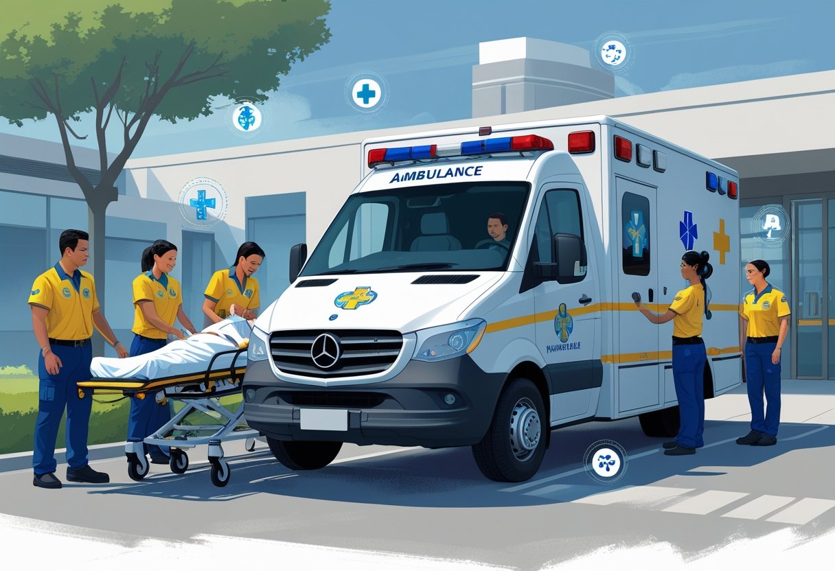 Ambulância particular estacionada em frente a um hospital, com paramédicos atendendo um paciente em uma maca, representando os principais serviços oferecidos.
