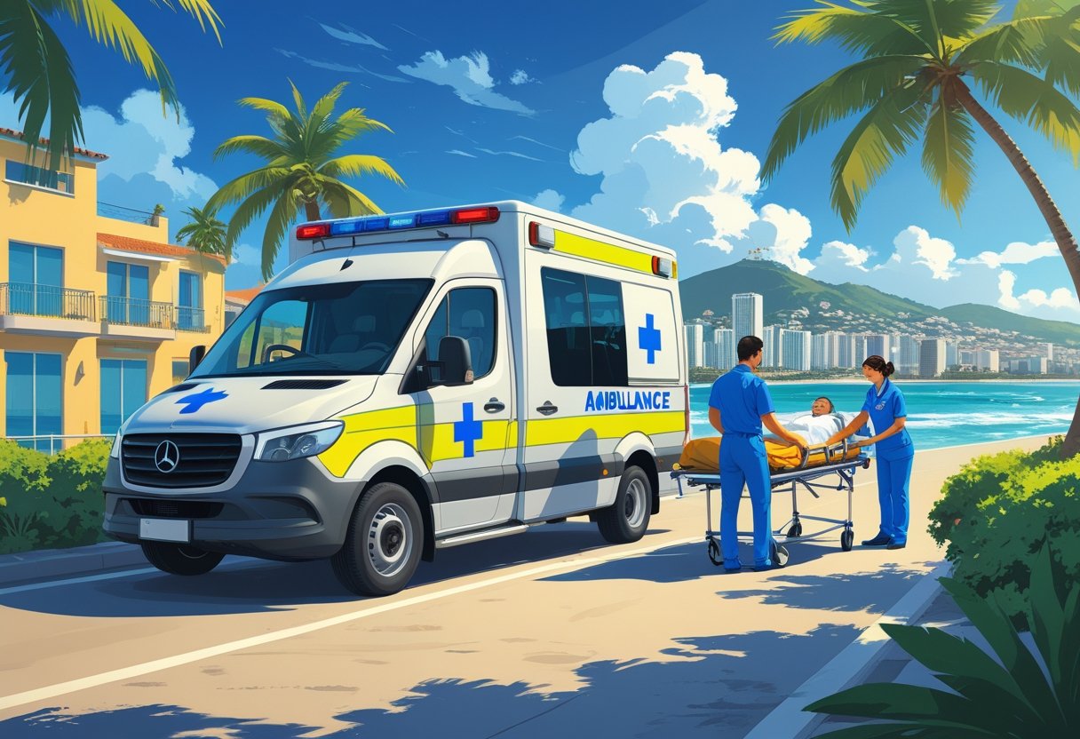 Ambulância particular estacionada em uma rua de Fortaleza com profissionais de saúde atendendo um paciente em uma maca.
