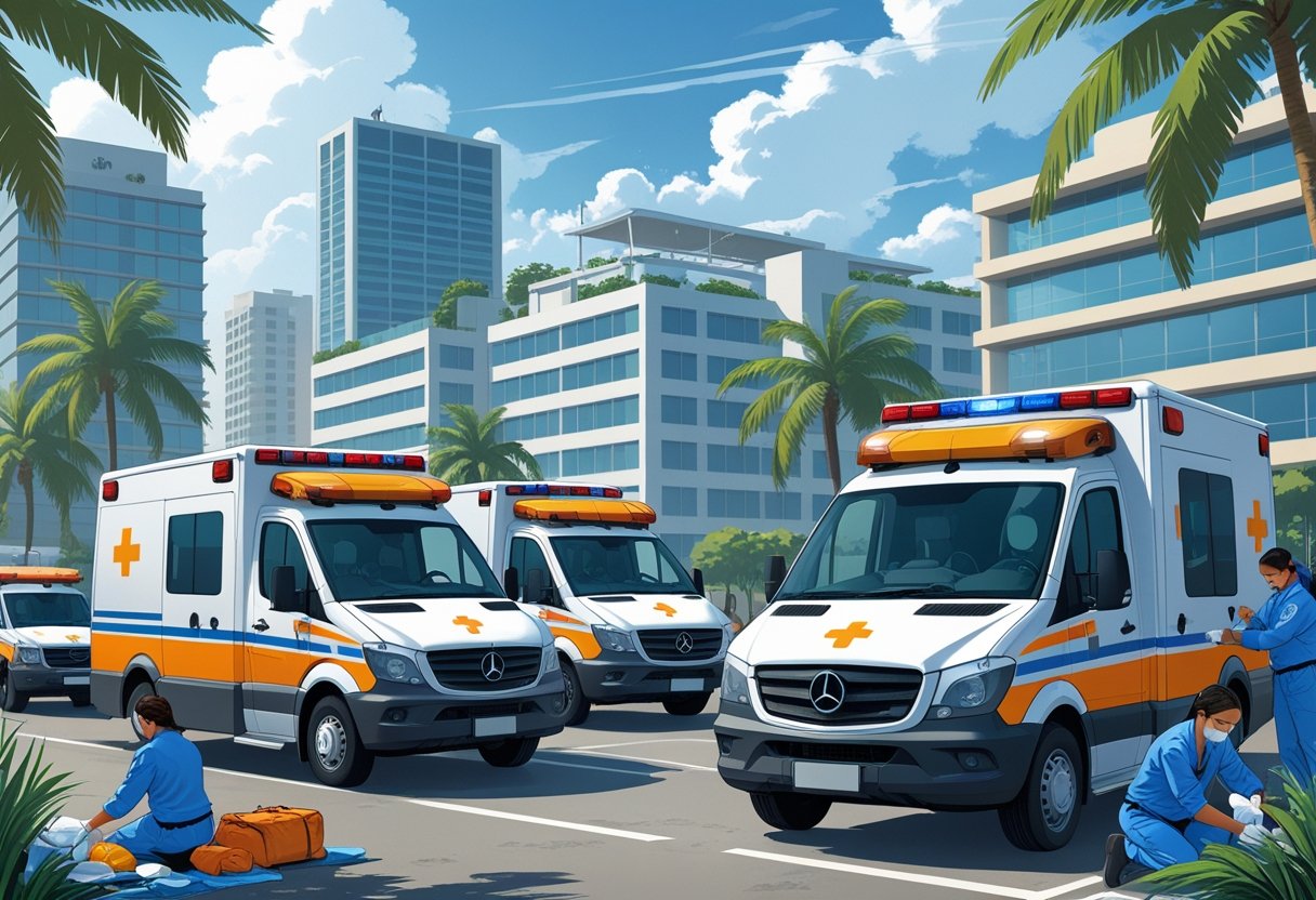 Várias ambulâncias privadas em uma rua de Fortaleza com profissionais de saúde atendendo pacientes e equipamentos médicos ao redor.