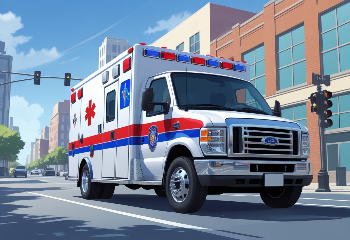 Uma ambulância americana moderna estacionada em uma rua urbana com prédios ao fundo.