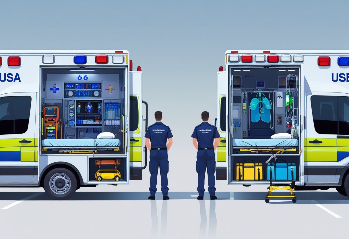 Duas ambulâncias lado a lado, uma de suporte avançado com equipamentos médicos avançados visíveis, e outra de suporte básico com equipamentos simples, com paramédicos ao redor.