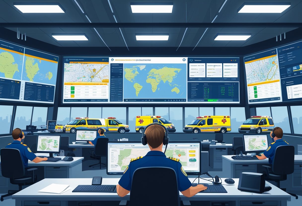 Centro de despacho de ambulâncias com operadores coordenando veículos de emergência em uma sala com telas e equipamentos.
