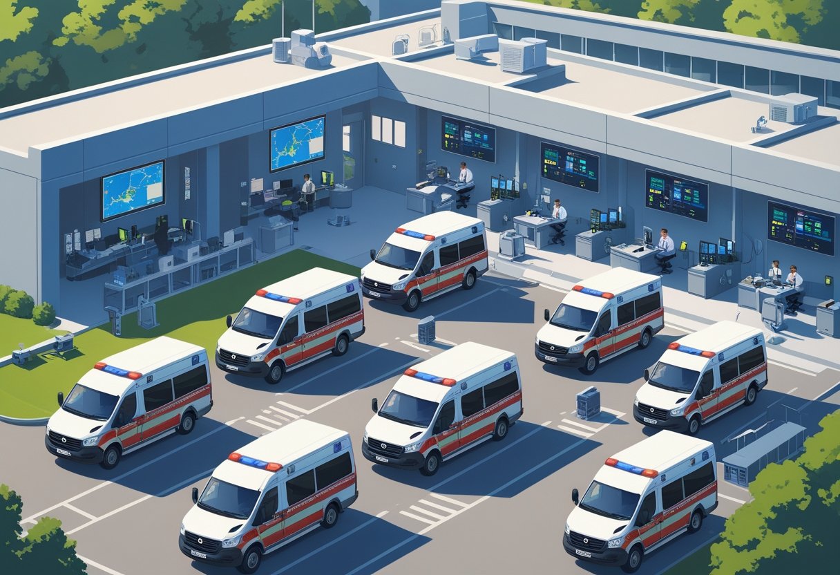 Estação central de ambulâncias com ambulâncias estacionadas, operadores em estações de trabalho e equipamentos médicos e de comunicação organizados.