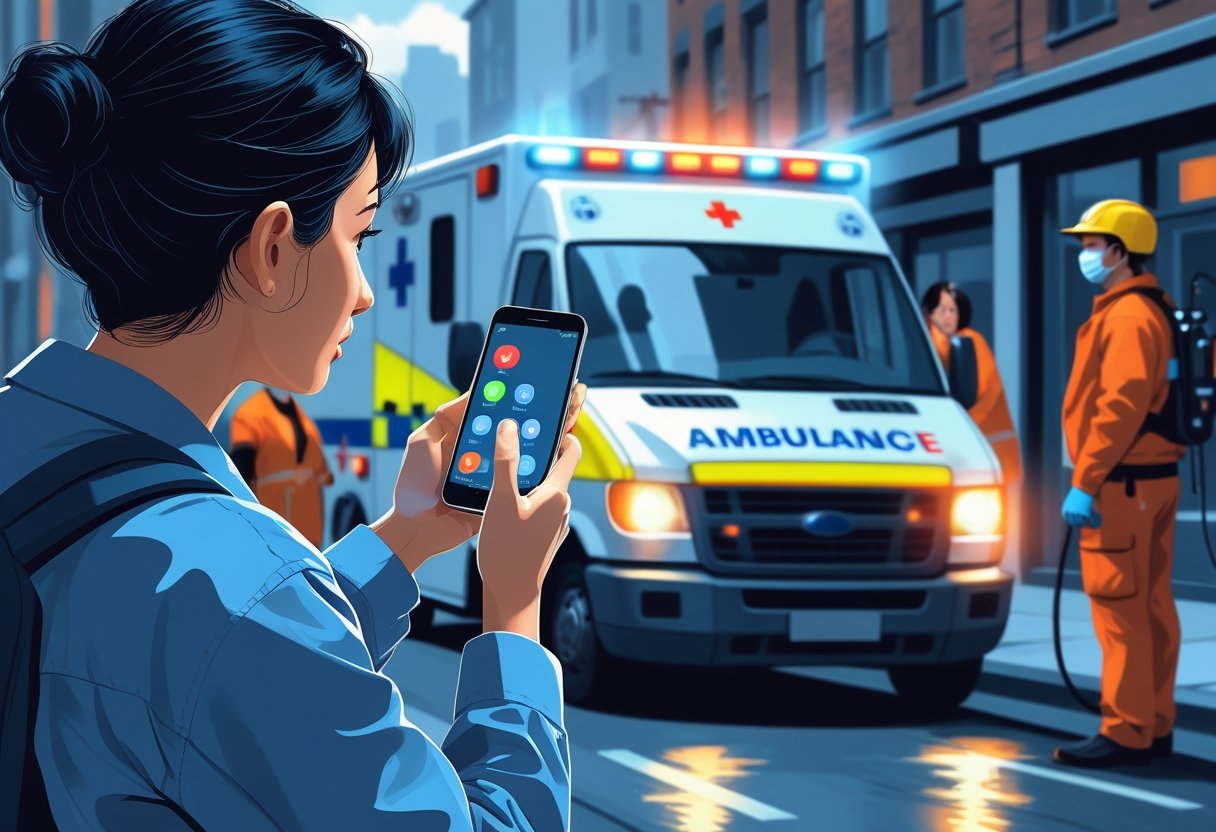 Pessoa ligando para ambulância em situação de emergência, com ambulância chegando ao fundo e paramédico se preparando.