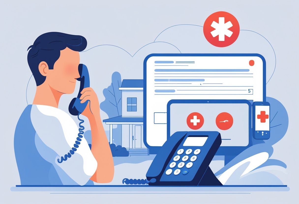 Pessoa segurando um telefone, ligando para a ambulância, com um ícone de ambulância ao fundo em um ambiente residencial.
