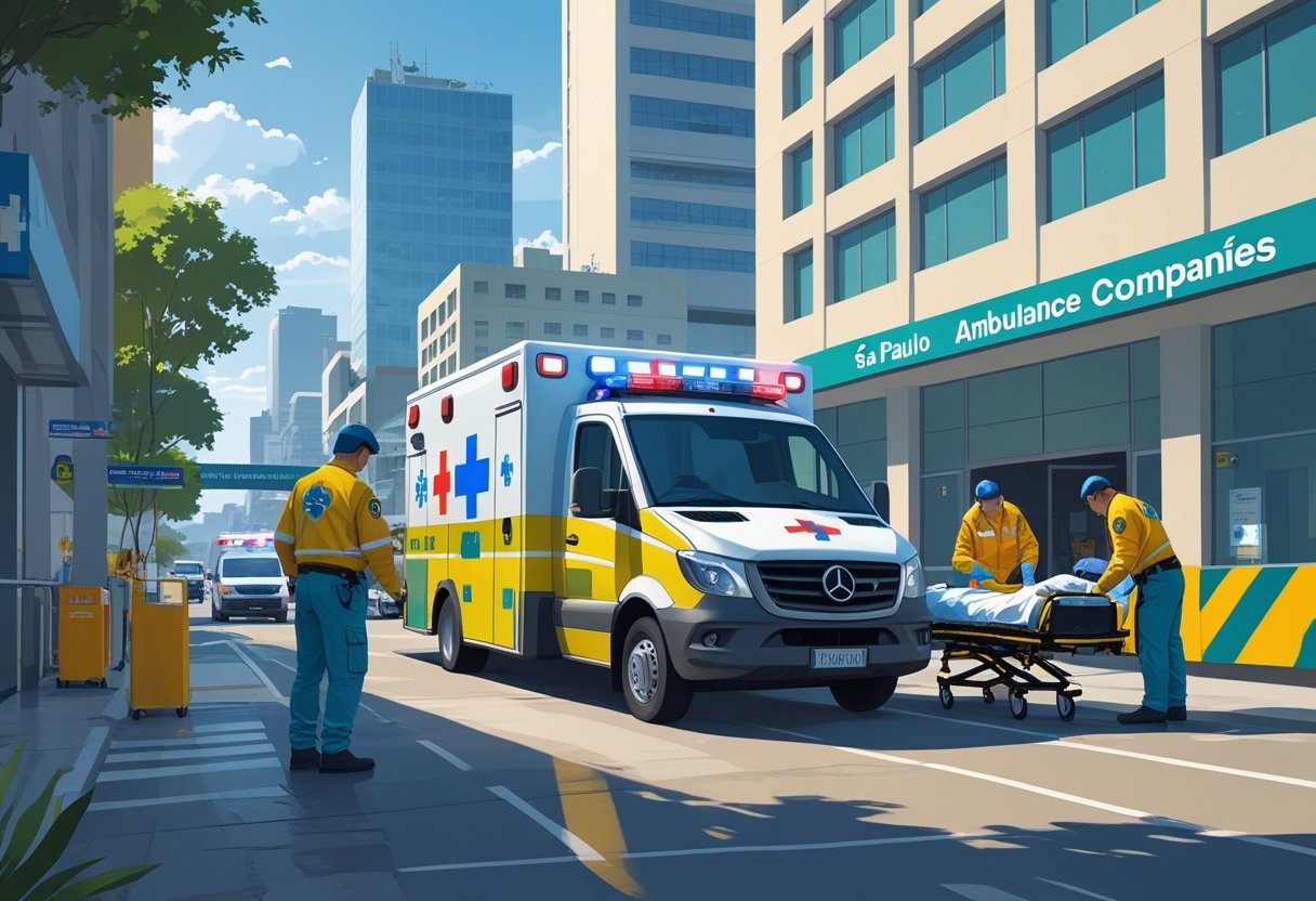 Cena urbana em São Paulo com uma ambulância estacionada perto de um hospital, paramédicos cuidando de um paciente em uma maca, e prédios da cidade ao fundo.