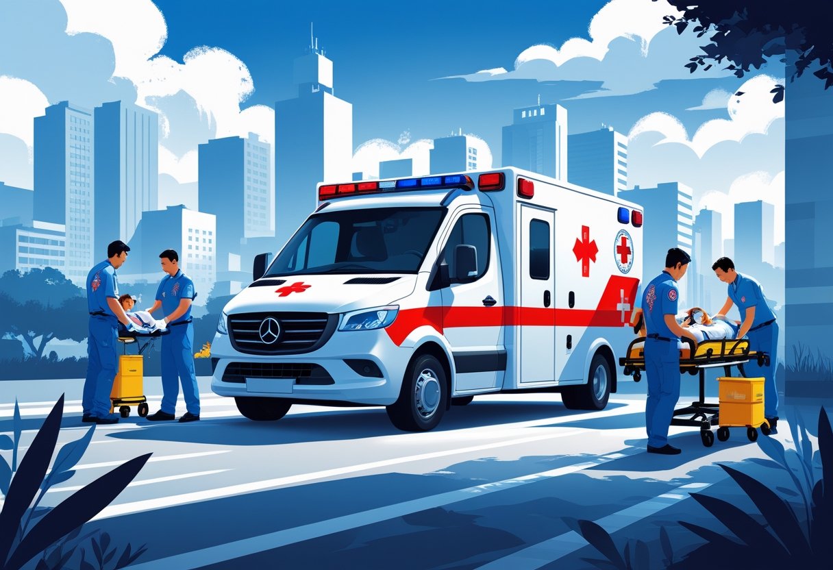 Uma ambulância moderna com profissionais de saúde atendendo um paciente em uma cidade com prédios altos ao fundo.