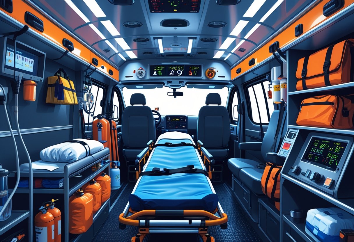 Interior de uma ambulância mostrando equipamentos médicos, uma maca, monitores e assentos para paramédicos.