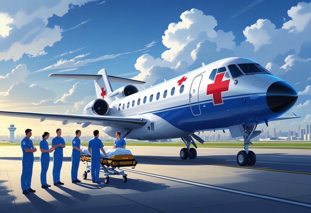 Um avião ambulância aérea voando acima das nuvens com uma equipe médica preparando um paciente em uma maca no aeroporto.