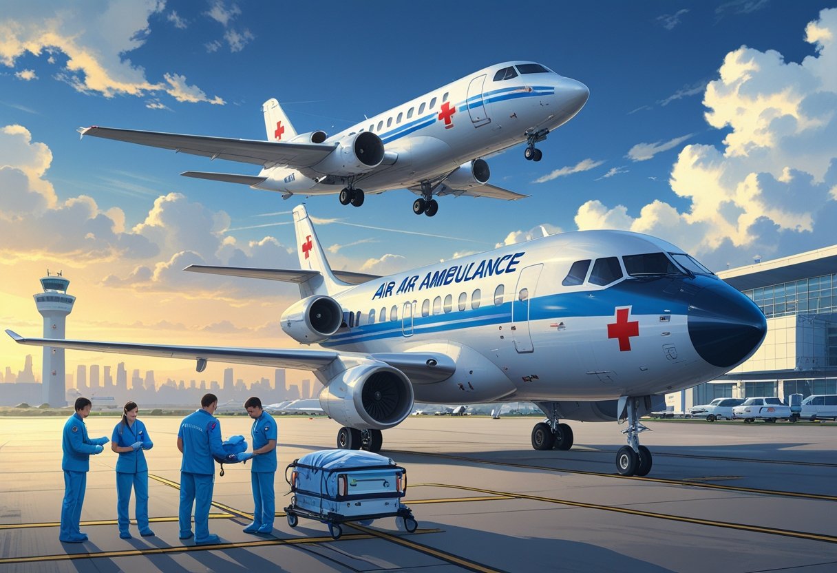 Avião ambulância aérea voando sobre nuvens com equipe médica preparando equipamentos ao lado em um aeroporto internacional.
