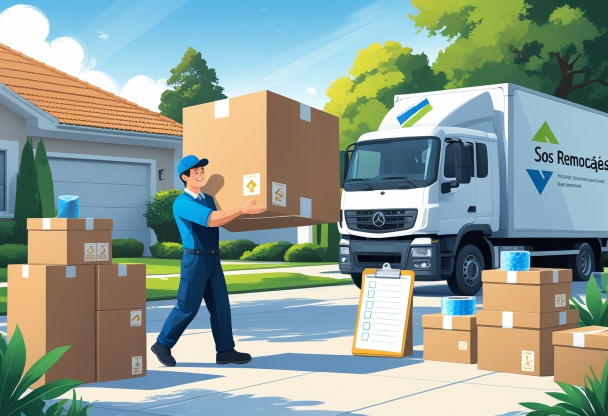Trabalhador uniformizado carregando uma caixa grande perto de um caminhão de mudanças estacionado em uma casa residencial, com caixas empilhadas e materiais de embalagem ao redor.