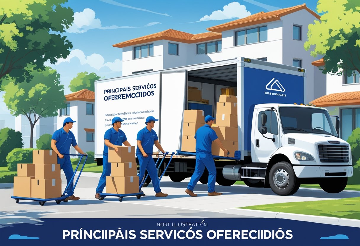 Equipe de trabalhadores uniformizados carregando móveis e caixas em um caminhão de mudanças em frente a um prédio residencial.