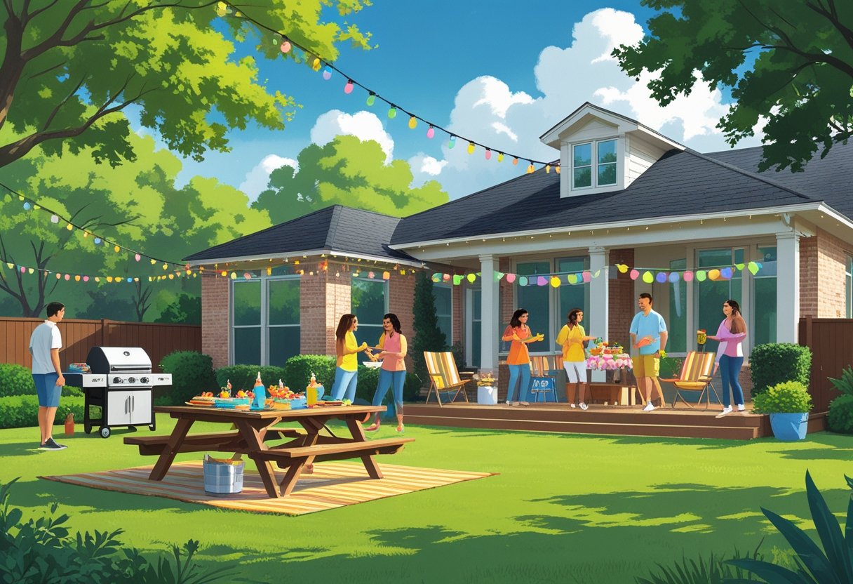 A backyard scene with people enjoying a party, featuring a picnic table, barbecue grill, and decorations in a suburban Houston home.