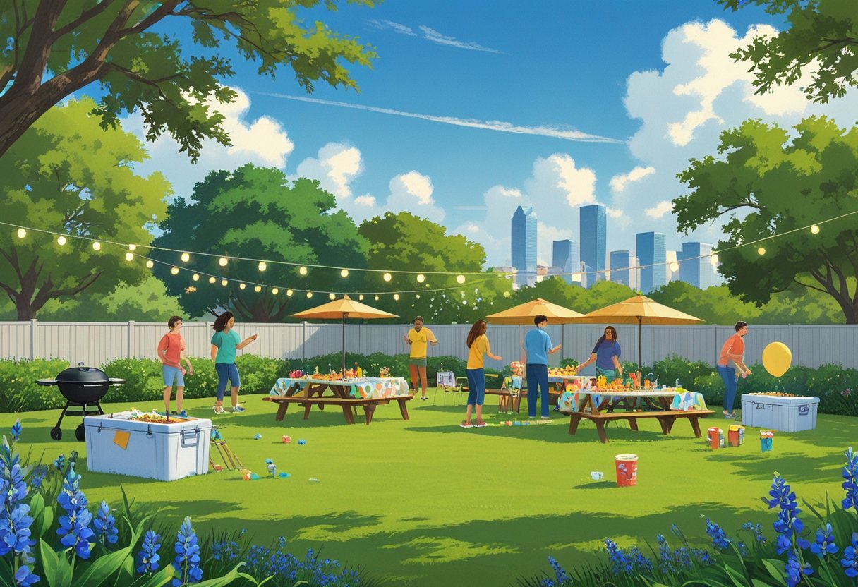 A backyard in Houston with people setting up decorations, food, and games for a party, with trees and a city skyline in the background.