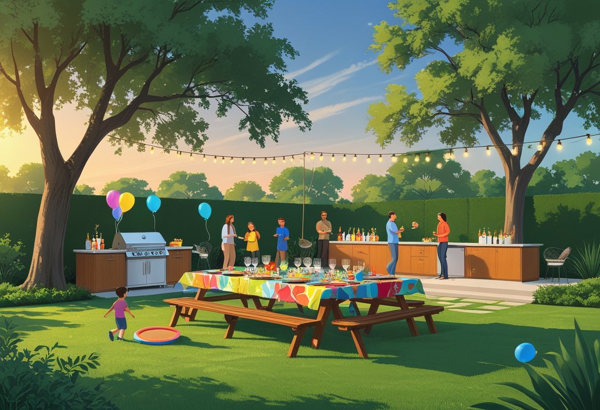 A backyard party scene with a picnic table, barbecue grill, string lights, people socializing, and children playing on the lawn during sunset.