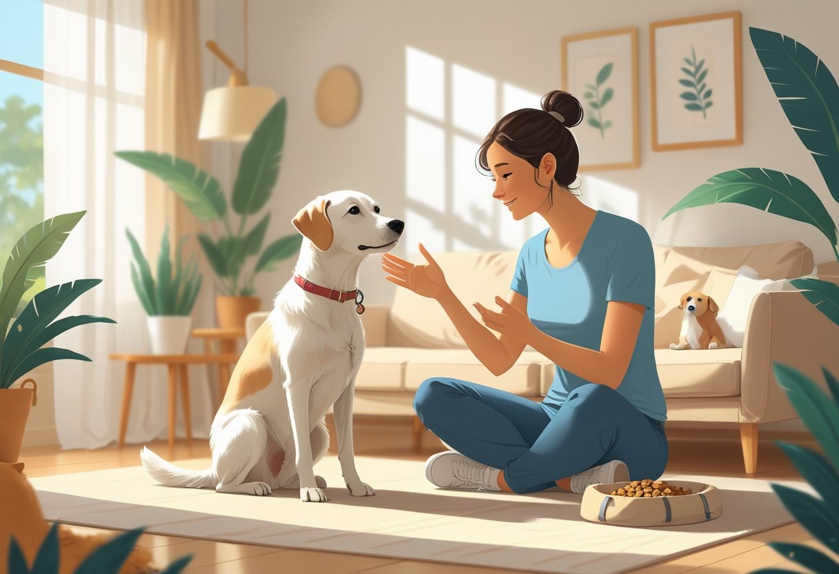 v2 19ip17 hb99c A person gently training a calm dog sitting quietly in a cozy living room.