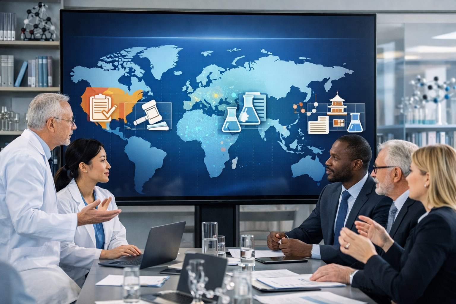 A group of professionals discussing global regulatory policies around a digital display showing maps of the USA, Europe, and China in a modern office.