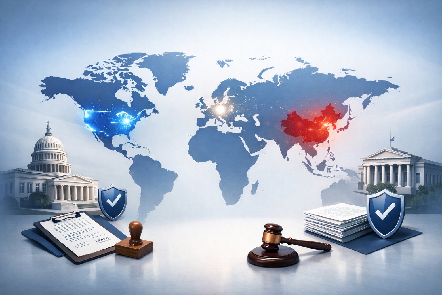 A world map highlighting the USA, Europe, and China with symbols representing regulatory policies and government oversight.