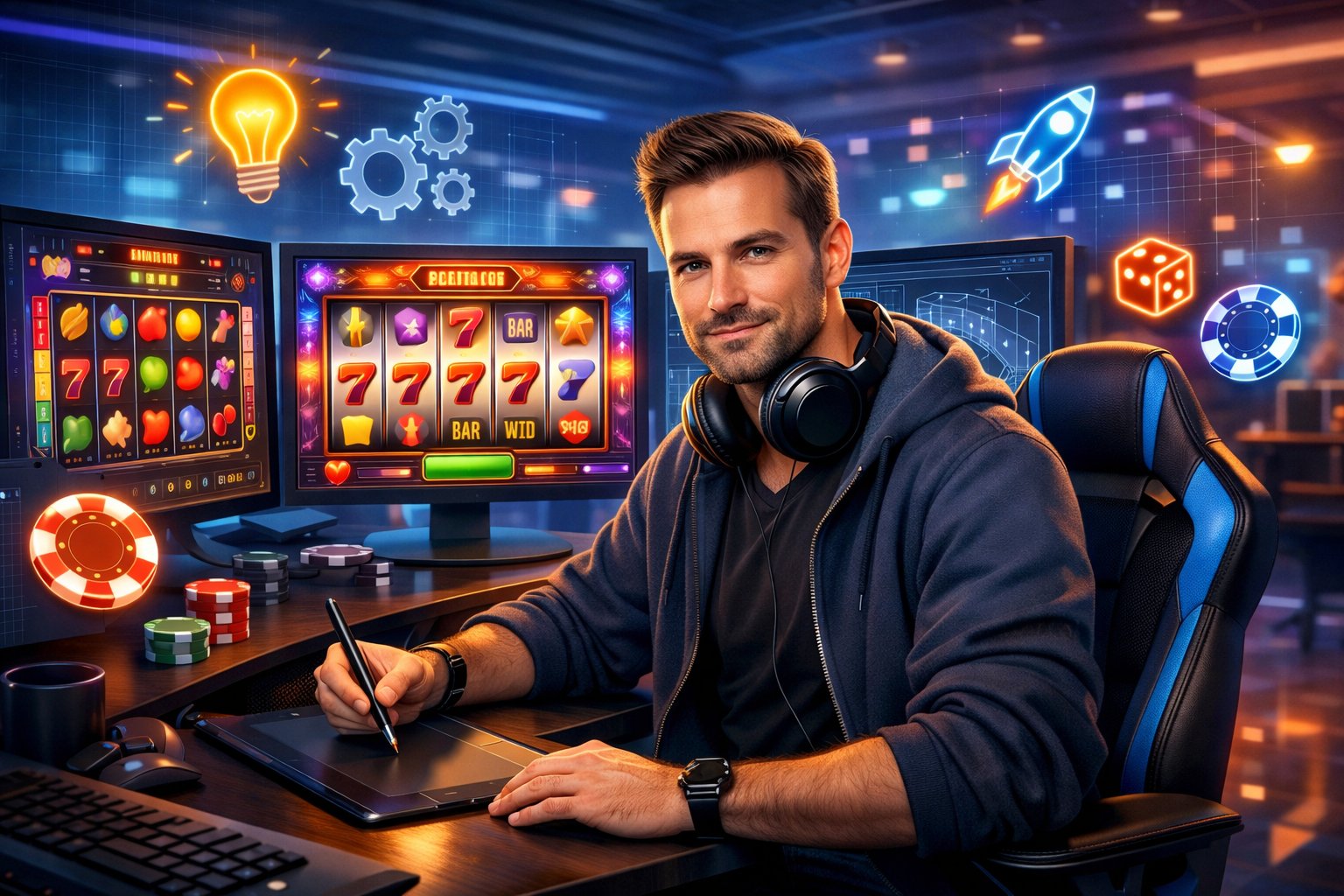 A Game Developer Working At A Desk With Multiple Screens Showing Casino Game Designs And Slot Machine Reels In A Modern Office Environment.