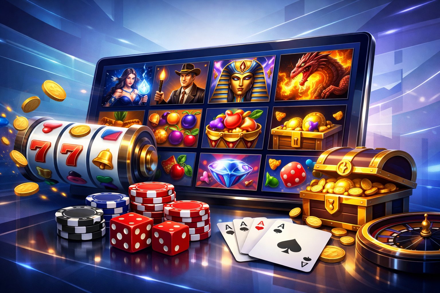 A Digital Interface Displaying Various Casino Game Thumbnails With Elements Like Spinning Reels, Poker Chips, Dice, And Playing Cards Arranged Around It.