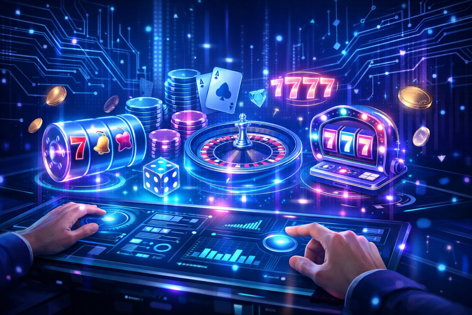 A Futuristic Digital Workspace With Holographic Casino Game Elements And Glowing Data Streams Representing Technology And Innovation.
