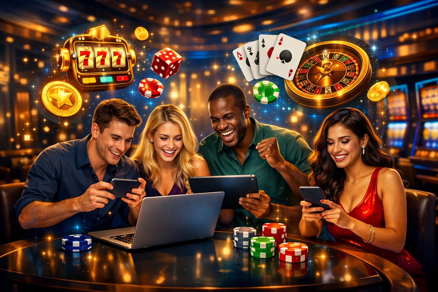 A Group Of Diverse People Happily Playing Casino Games On Laptops And Mobile Devices With Floating Symbols Of Slot Machines, Cards, And Roulette Wheels Around Them.