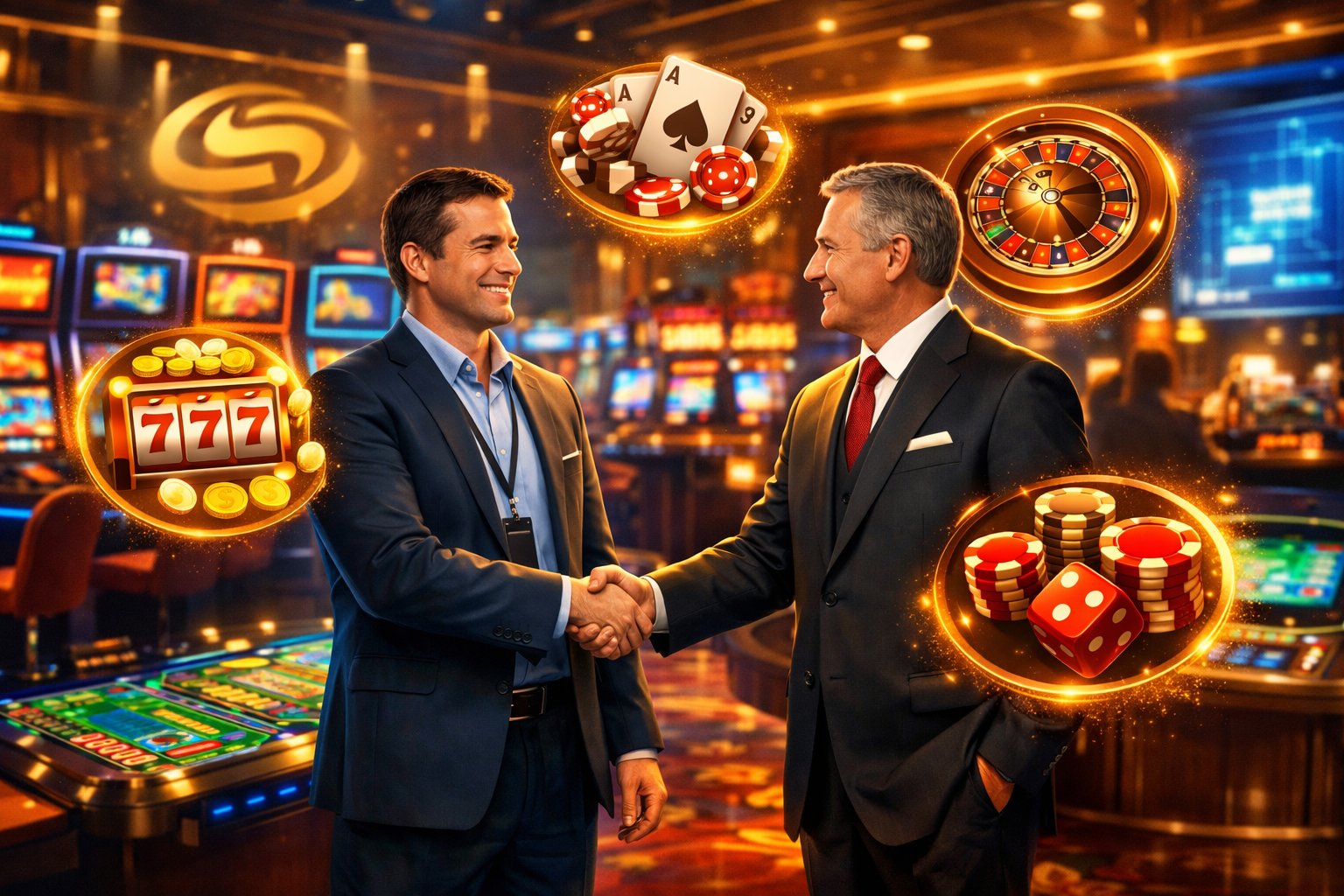 A Casino Manager And A Game Provider Representative Shaking Hands On A Casino Floor With Slot Machines And Gaming Tables Around Them.