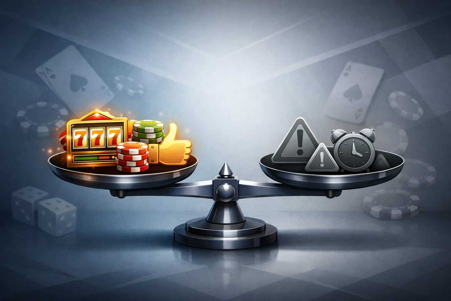 A Balanced Scale With Glowing Icons Representing Pros On One Side And Muted Icons Representing Cons On The Other, Surrounded By Casino Elements Like Cards, Dice, And Chips.