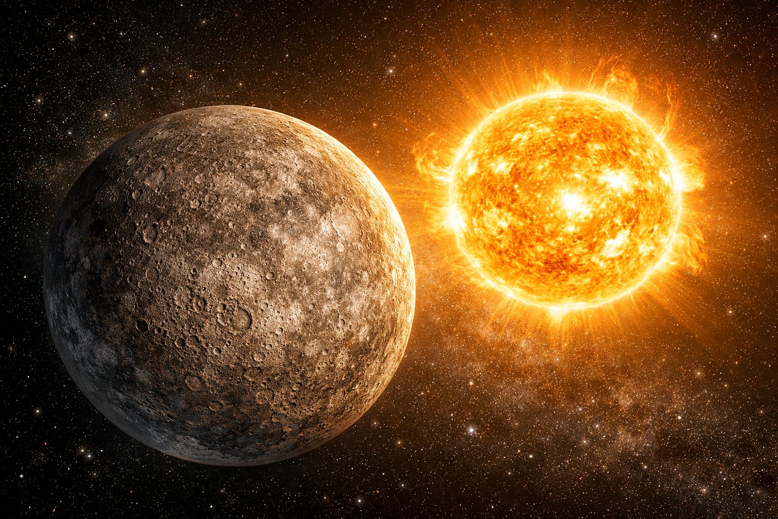 Planeta Merkur s jasno vidljivom kamenitom površinom i Suncem u pozadini.