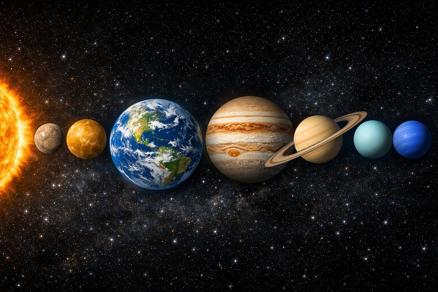 Prikaz planeta Sunčevog sustava poredanih redom, s istaknutom Zemljom u sredini kao plavim i zelenim planetom.