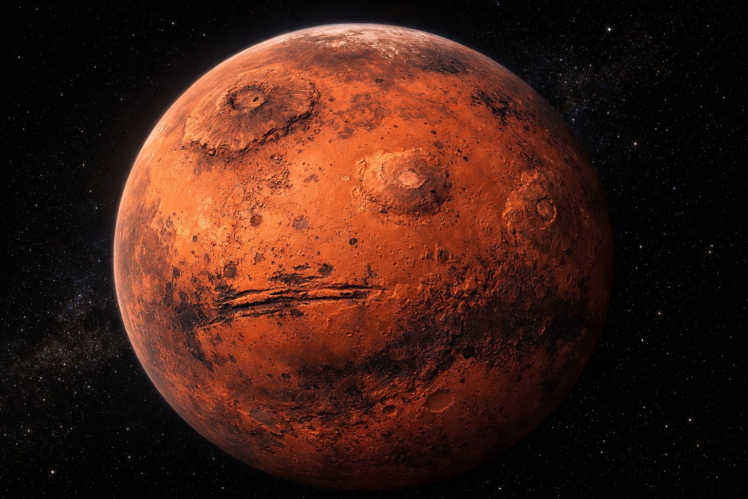 Pogled na planet Mars s crvenom površinom i velikim vulkanima u svemiru.