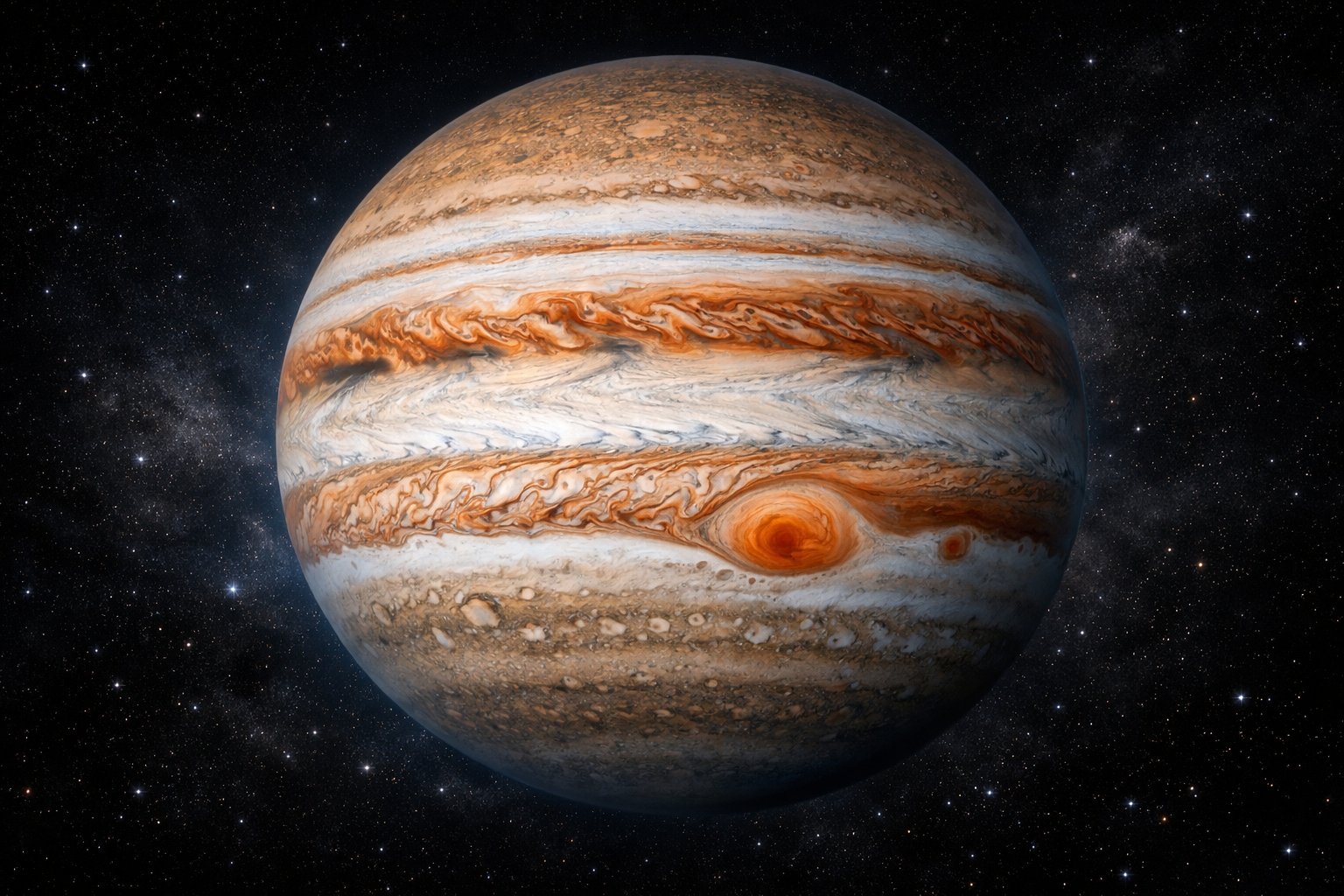 Slika planeta Jupitera s vidljivim oblakom i Velikom crvenom pjegom u svemiru.