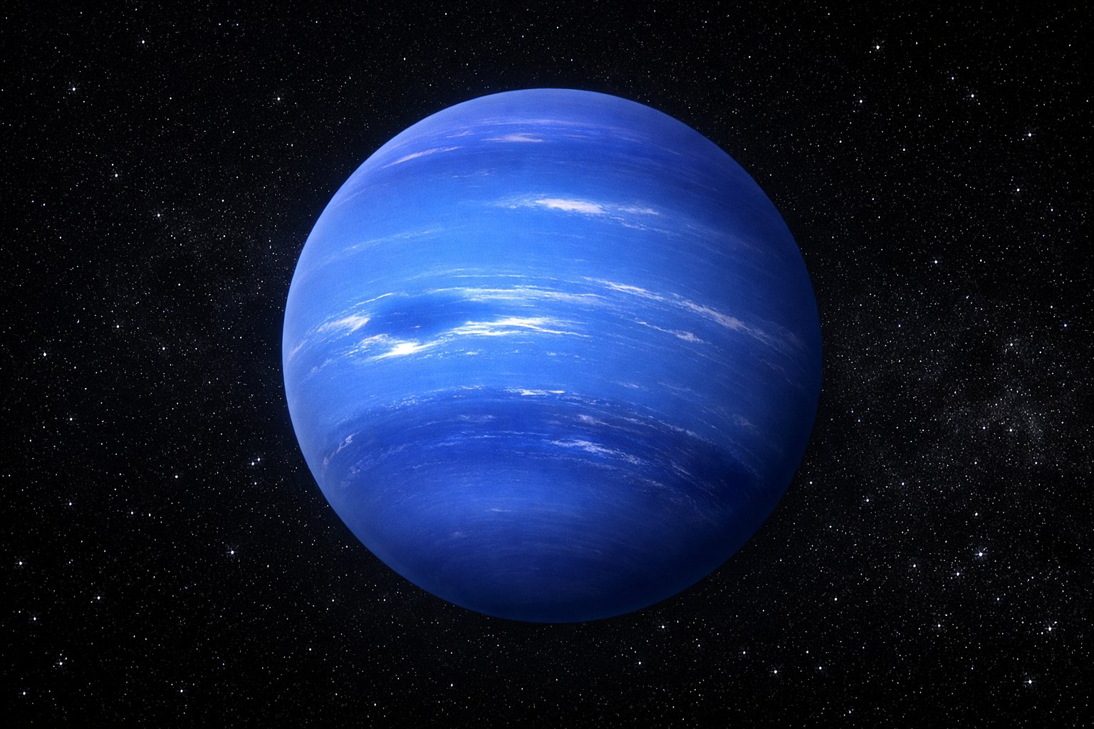 Slika plavog planeta Neptuna u svemiru, okruženog tamnim prostorom i zvijezdama.