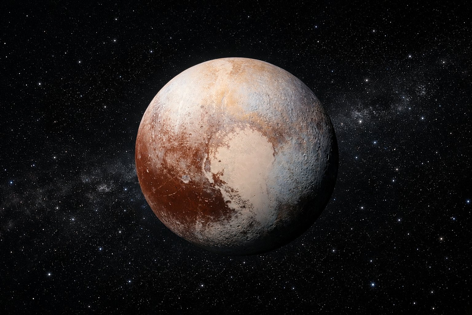 Slika patuljastog planeta Plutona u svemiru s tamnom pozadinom i zvijezdama.