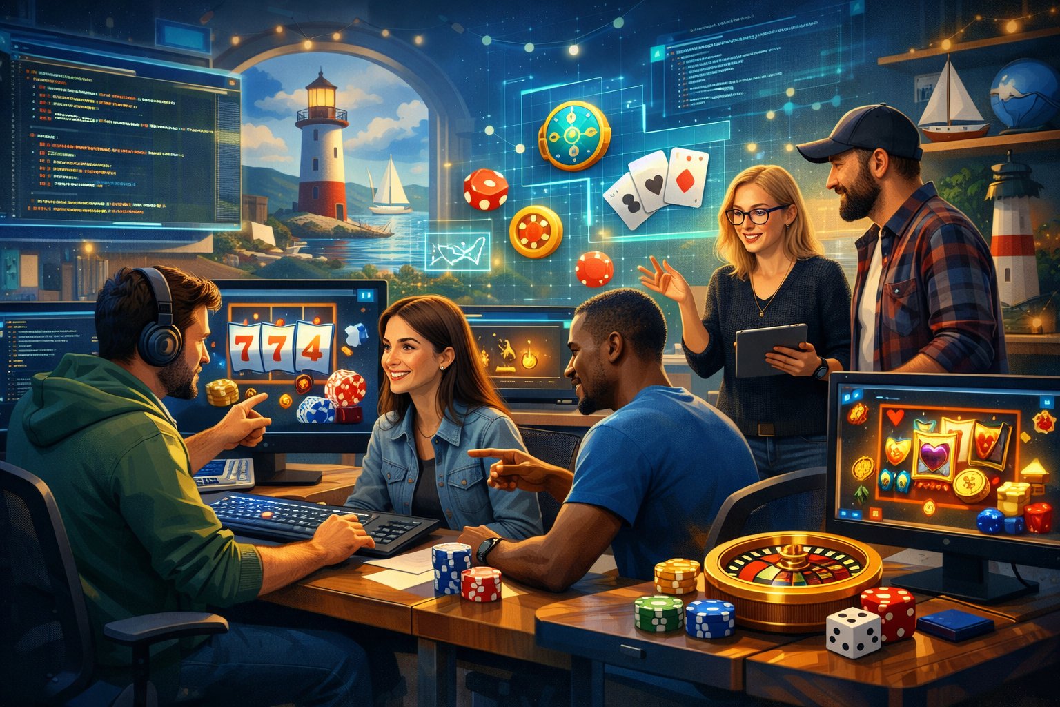 A Group Of Developers Working Together In An Office On Casino Game Designs With Computers Showing Slot Machines And Card Games, Surrounded By Technology And Cape CodInspired Decor.