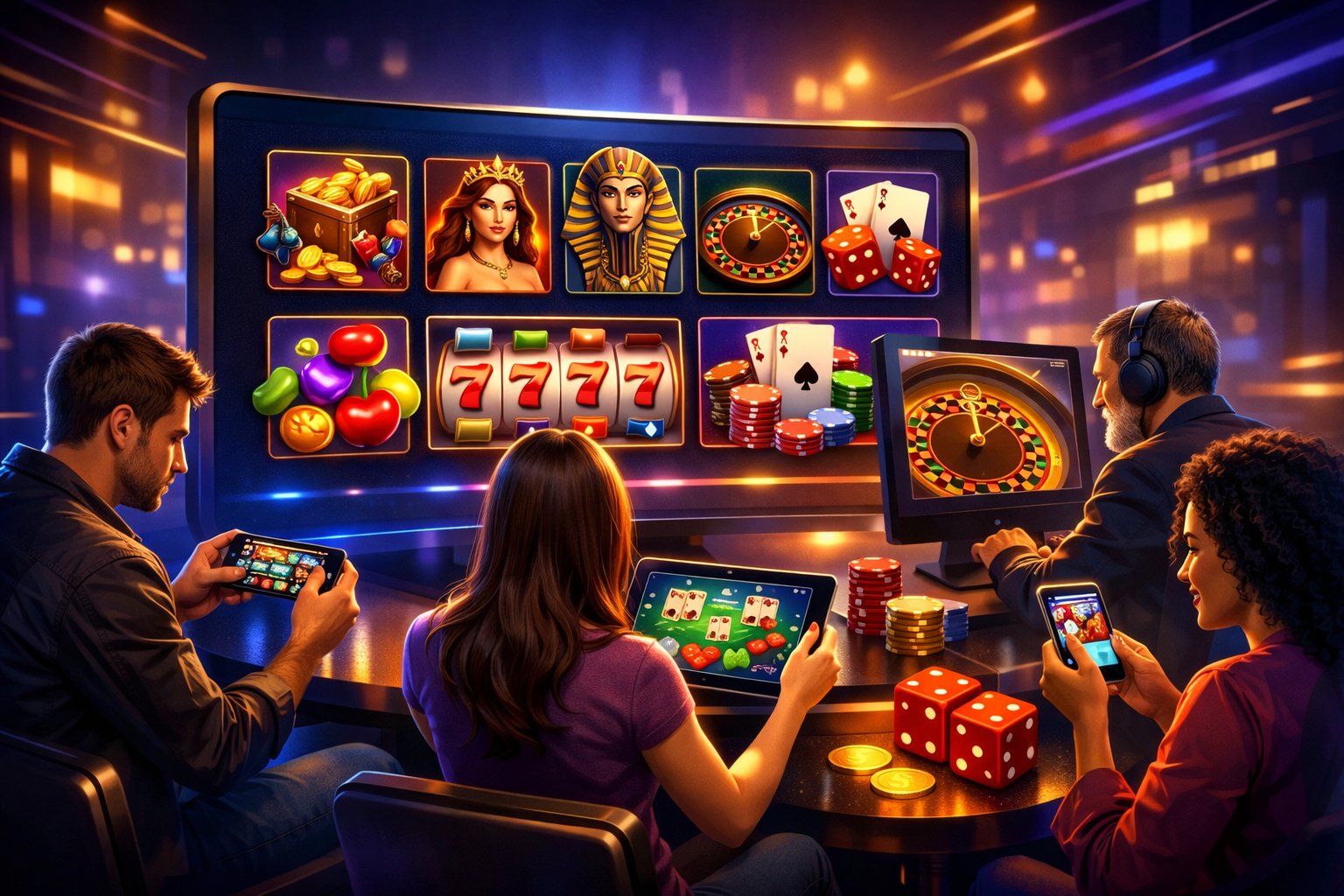 A Digital Interface Showing Various Casino Game Icons Like Slots, Poker Cards, Roulette, And Dice With Diverse Players Using Different Devices In A Stylish Gaming Environment.