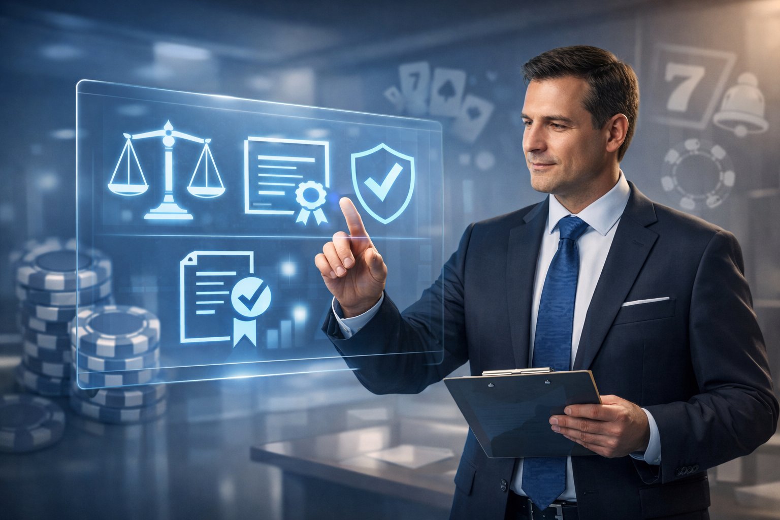 A Business Professional Reviewing Digital Documents With Icons Of Legal Scales And Certificates, With Abstract Casino Gaming Elements In The Background.