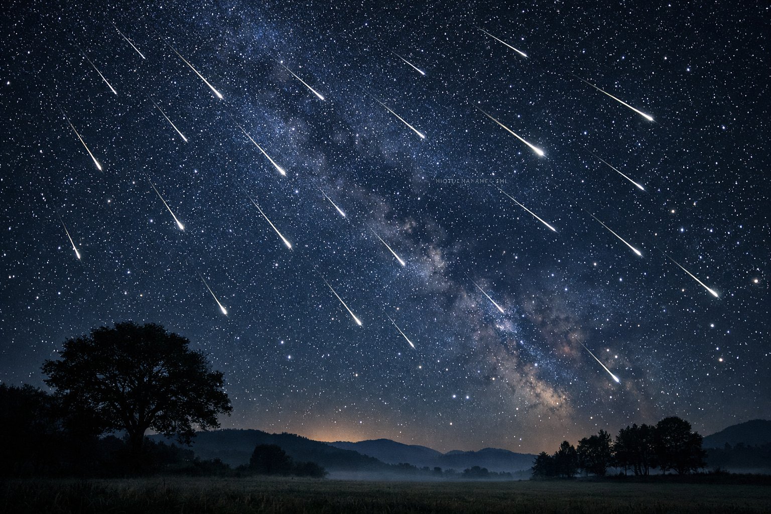 Noćno nebo s brojnim meteorskim tragovima iznad mirnog seoskog krajolika s drvećem i blagim brežuljcima.