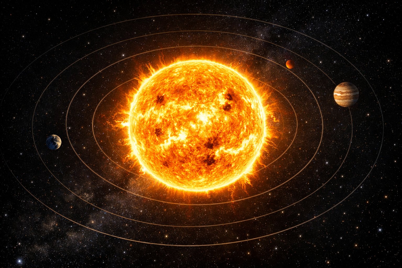 Sjena Sunca u svemiru s planetima koji kruže oko njega.