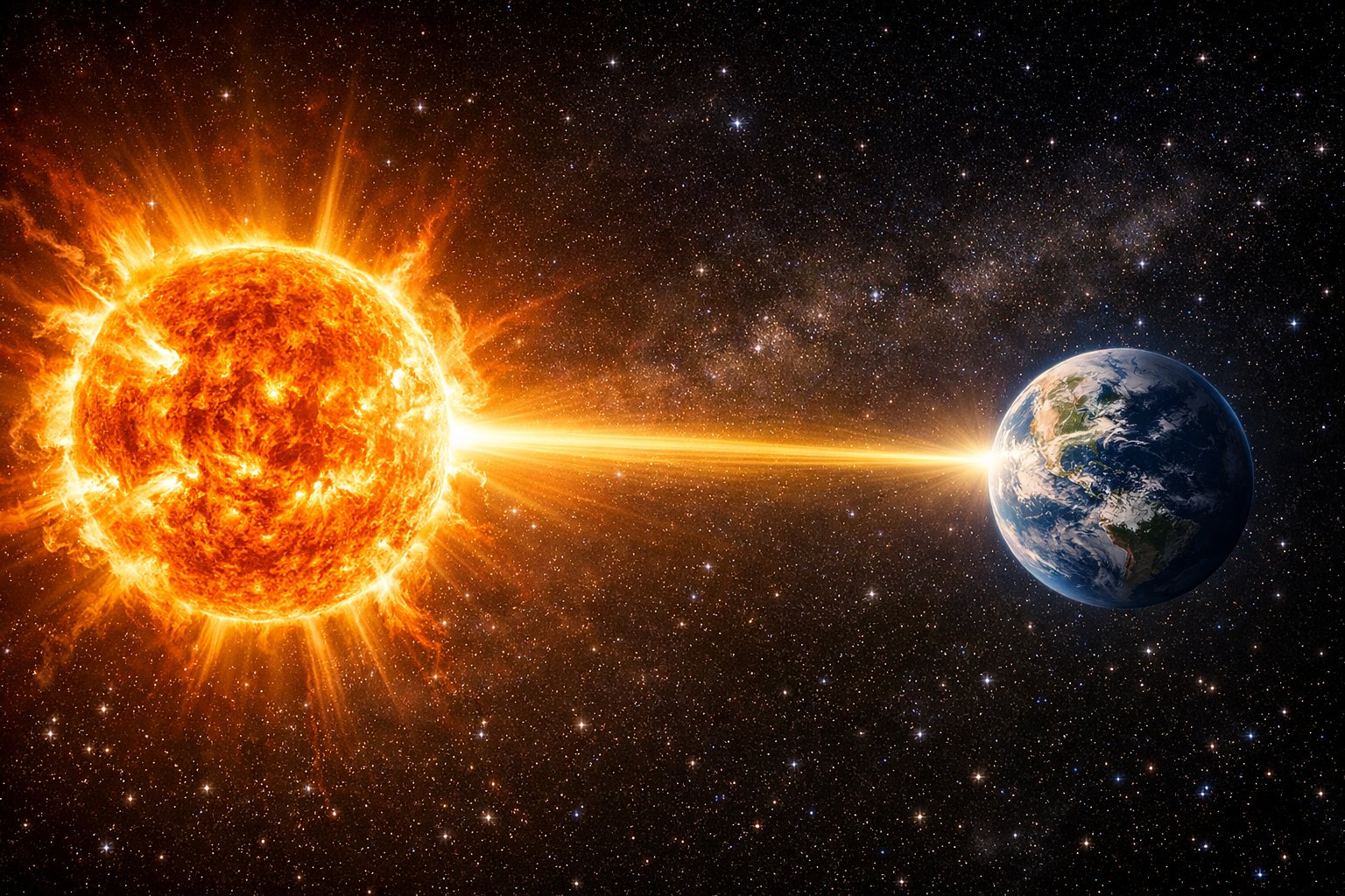 Sunce koje emitira svjetlost prema Zemlji kroz svemir, s vidljivim planetom Zemljom u daljini.