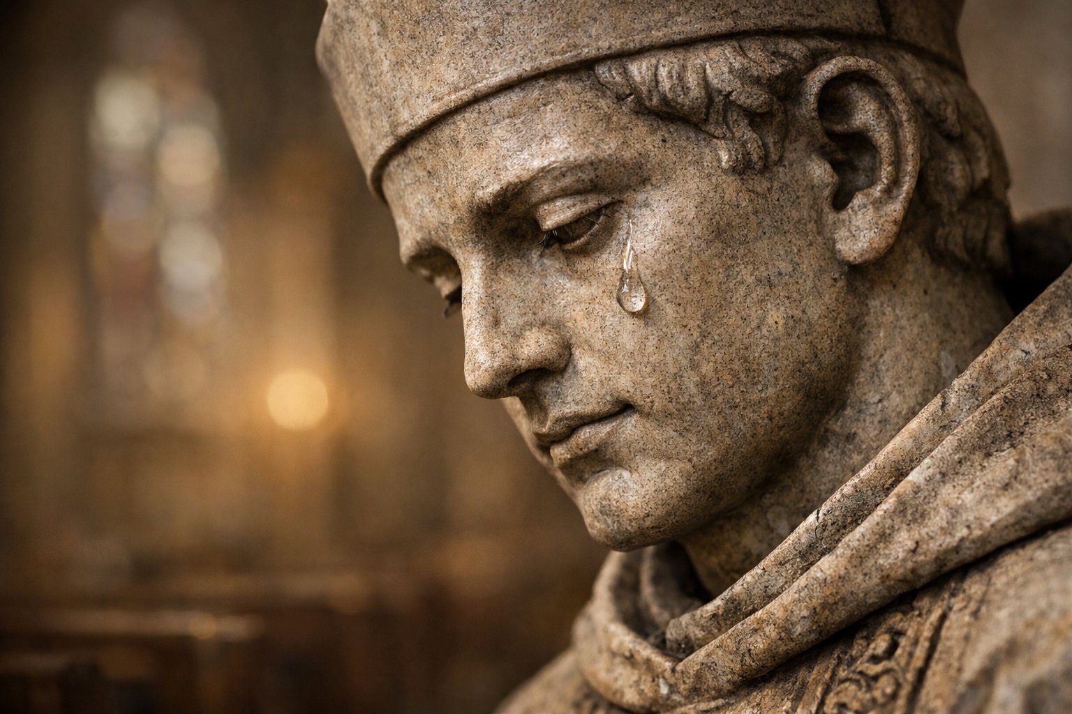 Krupni plan statue svetog Lovre s jednom suzom na licu u crkvenom ambijentu.
