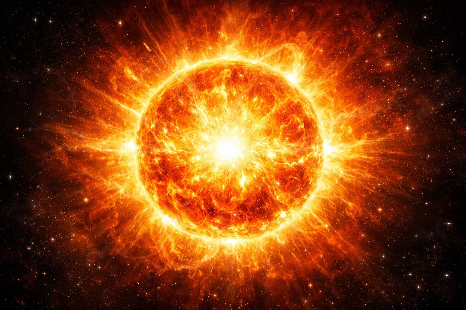 Prikaz središta Sunca gdje se odvija nuklearna fuzija s blistavim plazma i energijom koja zrači.