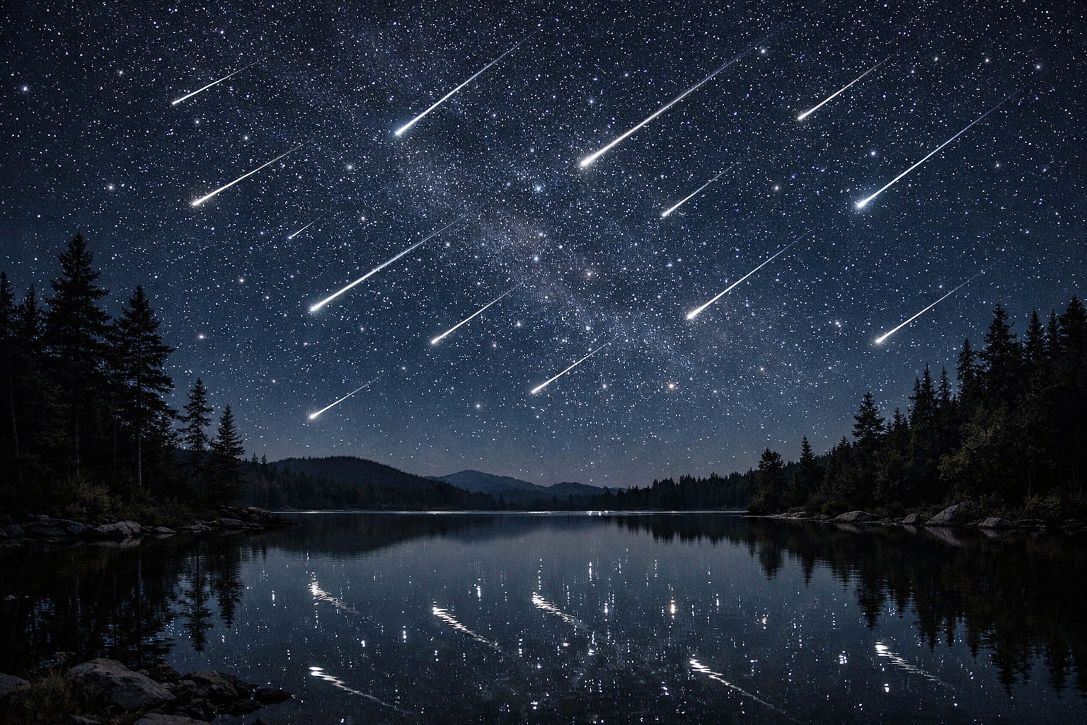 Noćno nebo s meteorskom kišom iznad jezera i šumom u pozadini.